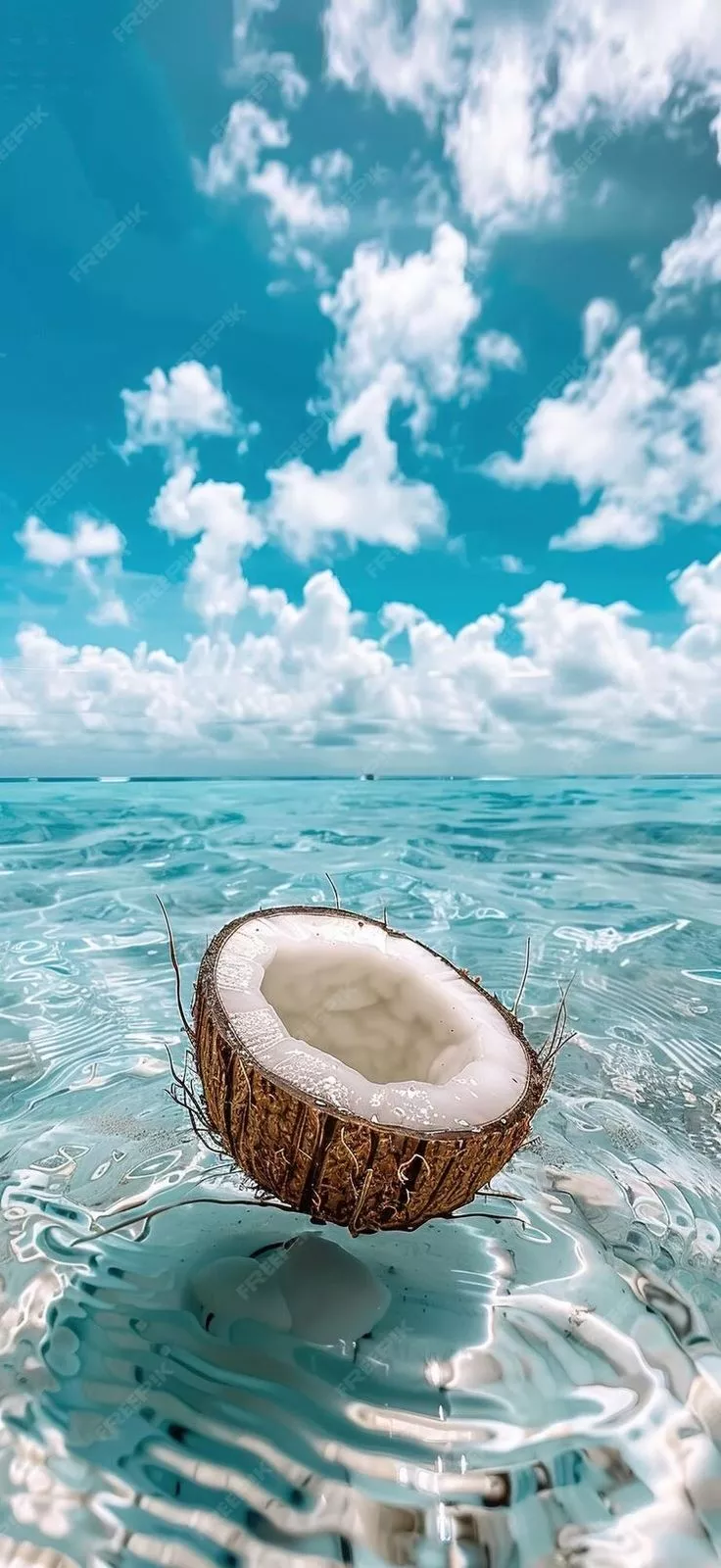 A coconut floating in the clear blue sea tropical island background sunny day _ Premium AI-ge...webp